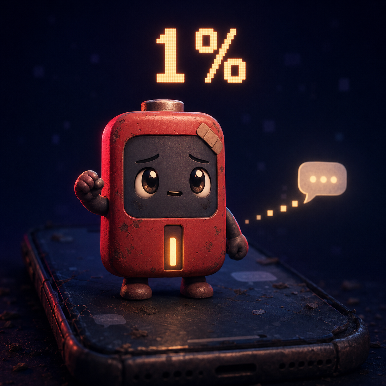 Bitty, a small red battery mascot glowing at one percent
